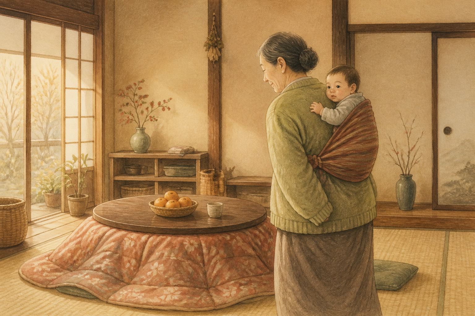 こたつのそばで赤ちゃんをおんぶするおばあちゃんのイラスト