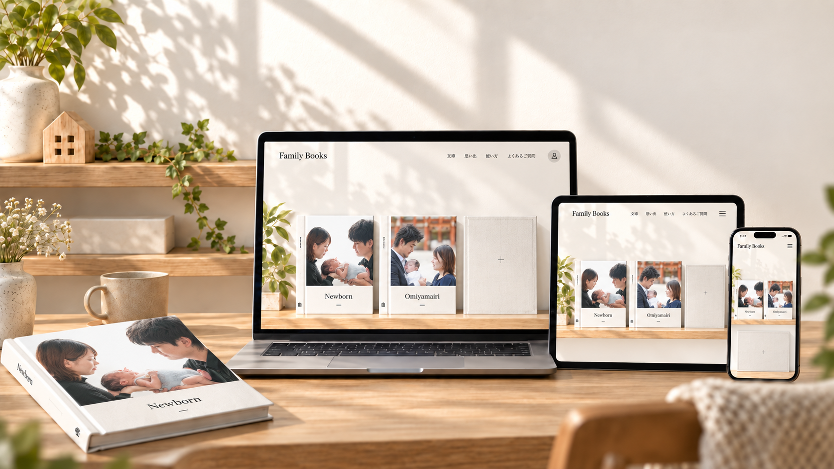 同じFamily Booksの本棚をノートパソコン、タブレット、スマートフォンで見られるイメージ