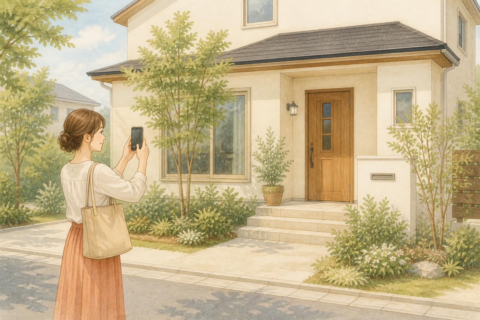 ご自宅の前でスマートフォンを使って外観を撮影する女性のイラスト