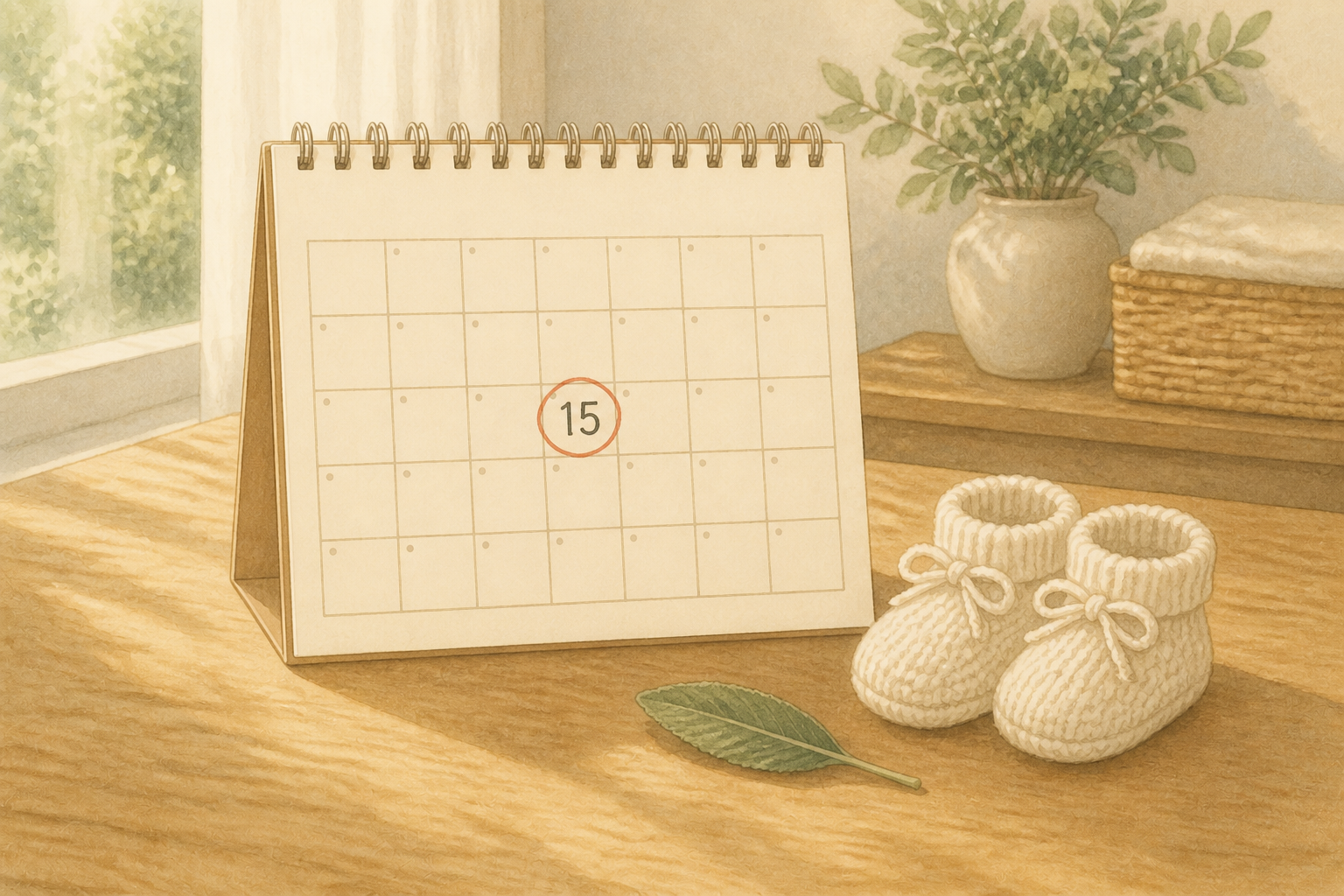 15日に印がついたカレンダーとベビーシューズのイラスト