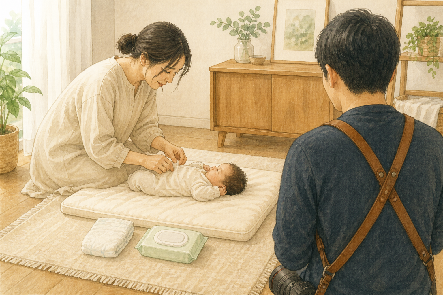 撮影開始前に赤ちゃんのおむつを確認する様子のイラスト