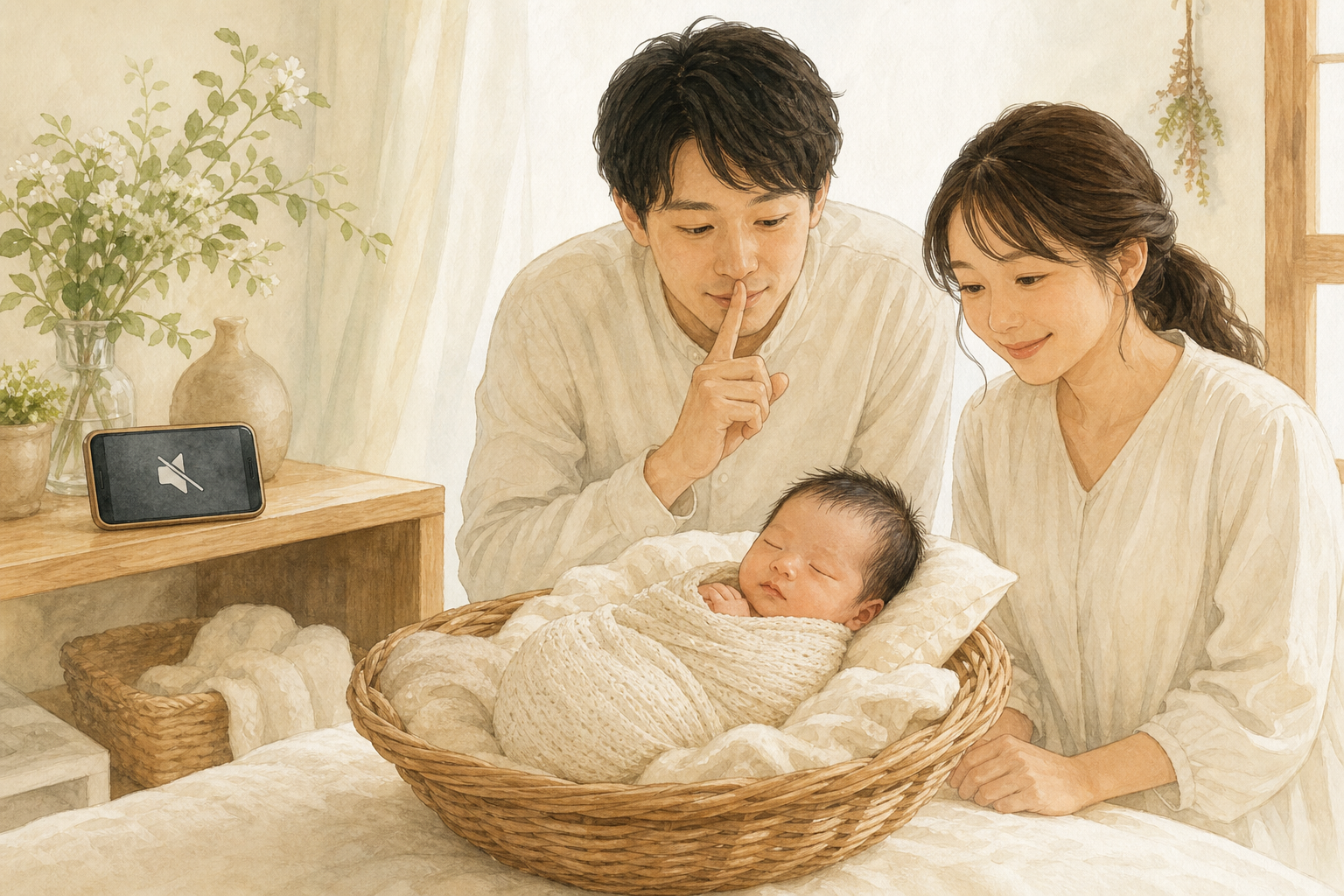 眠る赤ちゃんのそばで静かな環境を整える家族のイラスト