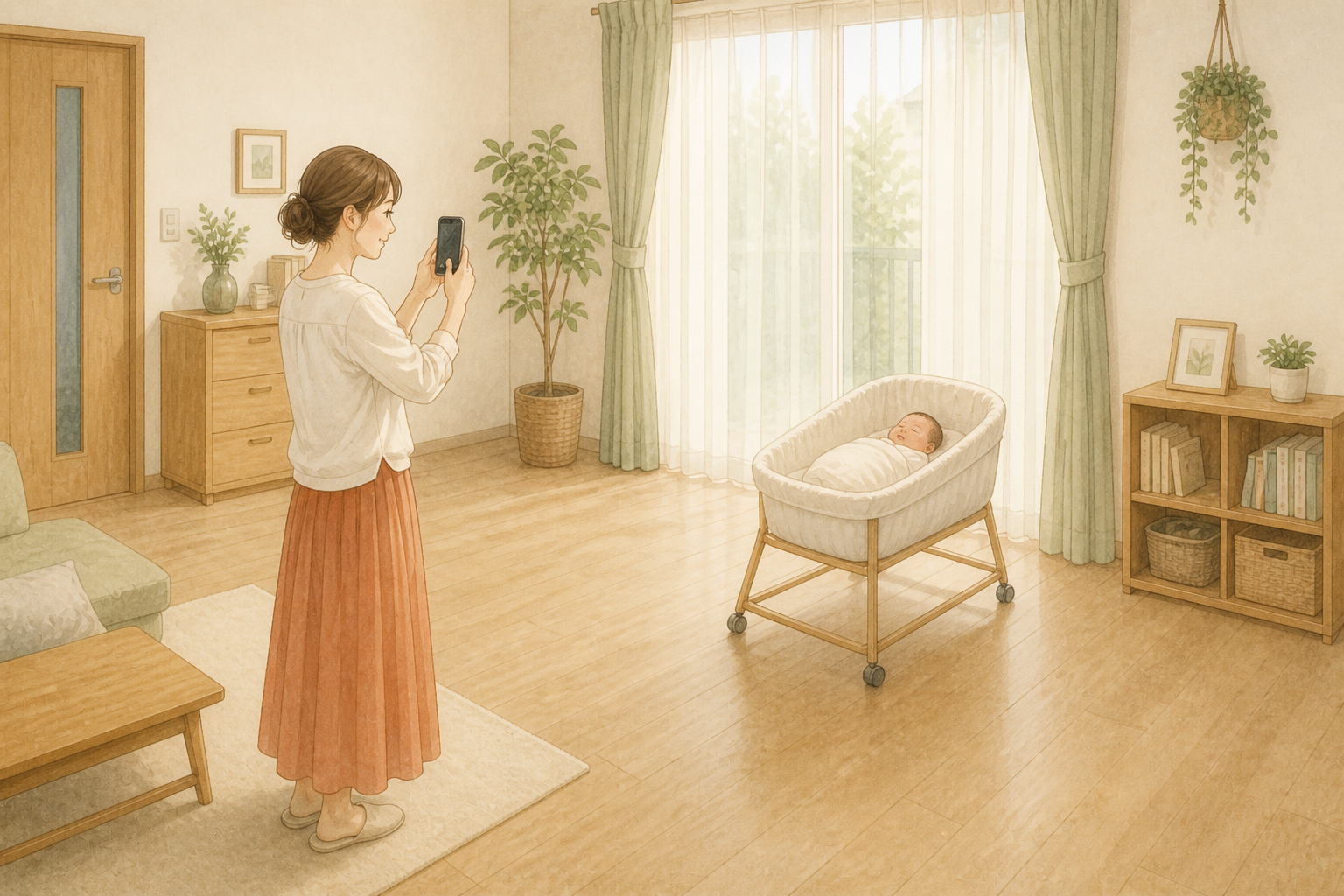 新生児が眠る部屋をスマートフォンで撮影する女性のイラスト