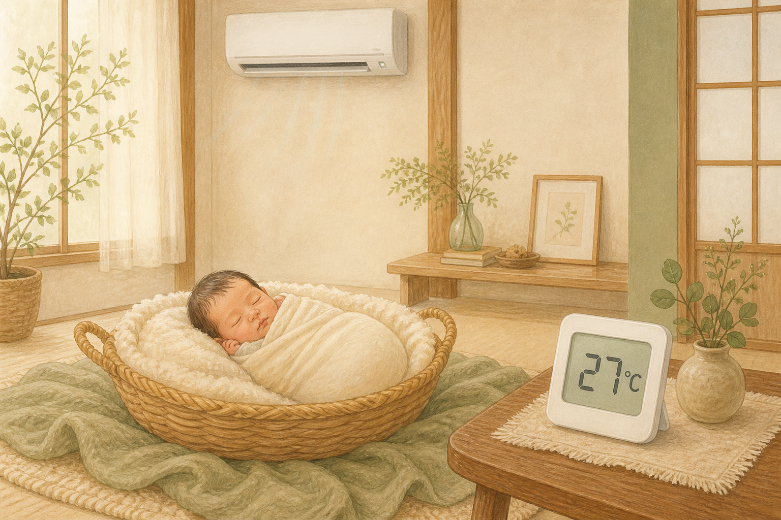 室温27度に整えた暖かな部屋で眠る赤ちゃんのイラスト