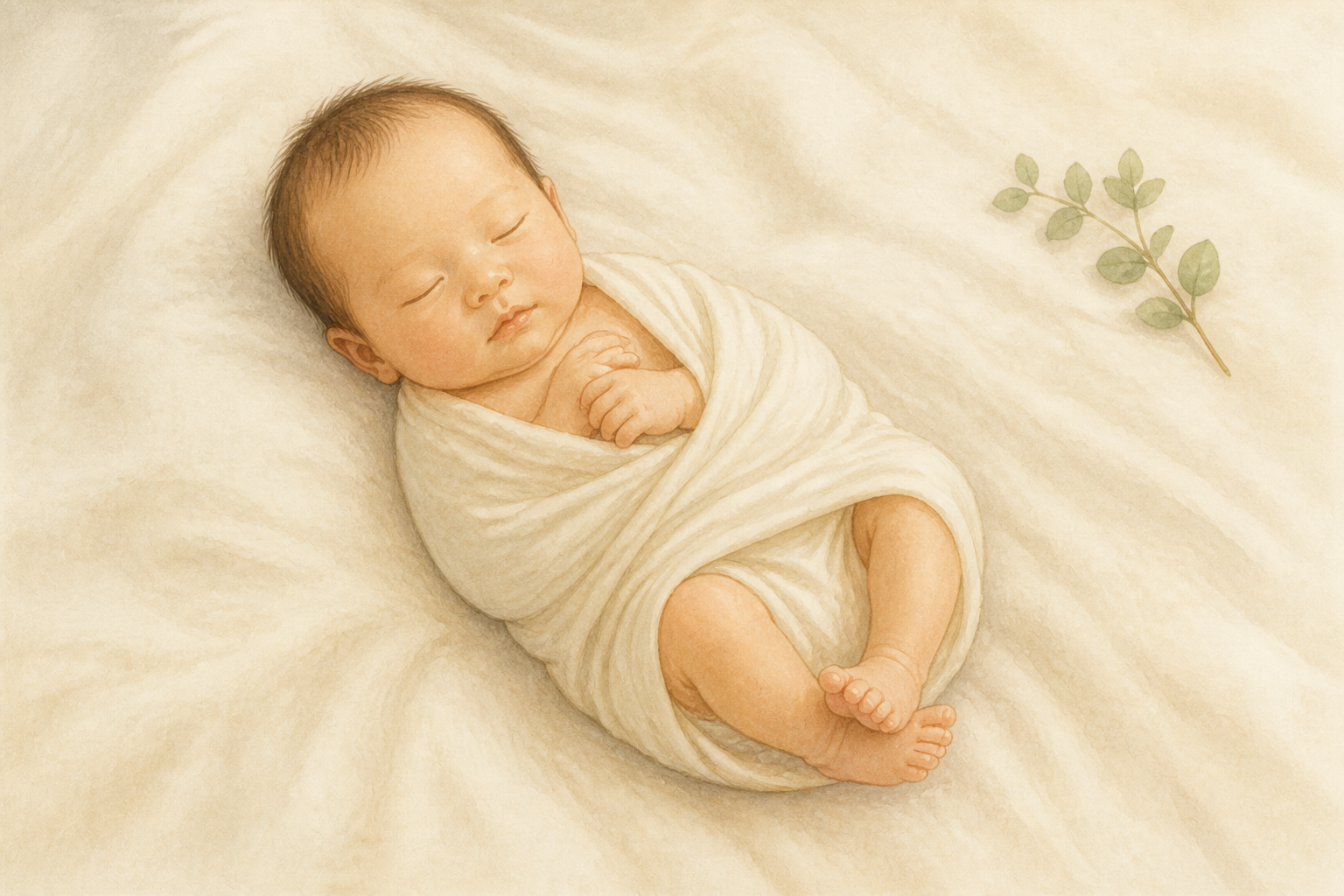 やわらかな毛布の上ですやすや眠る新生児のイラスト